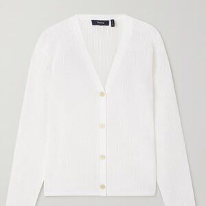 Theory Pointelle-Knit Cardigan Crepe Mesh Knit Button Front Preppy White M